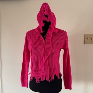 Distressed Hot Pink Hooded Sweater S
